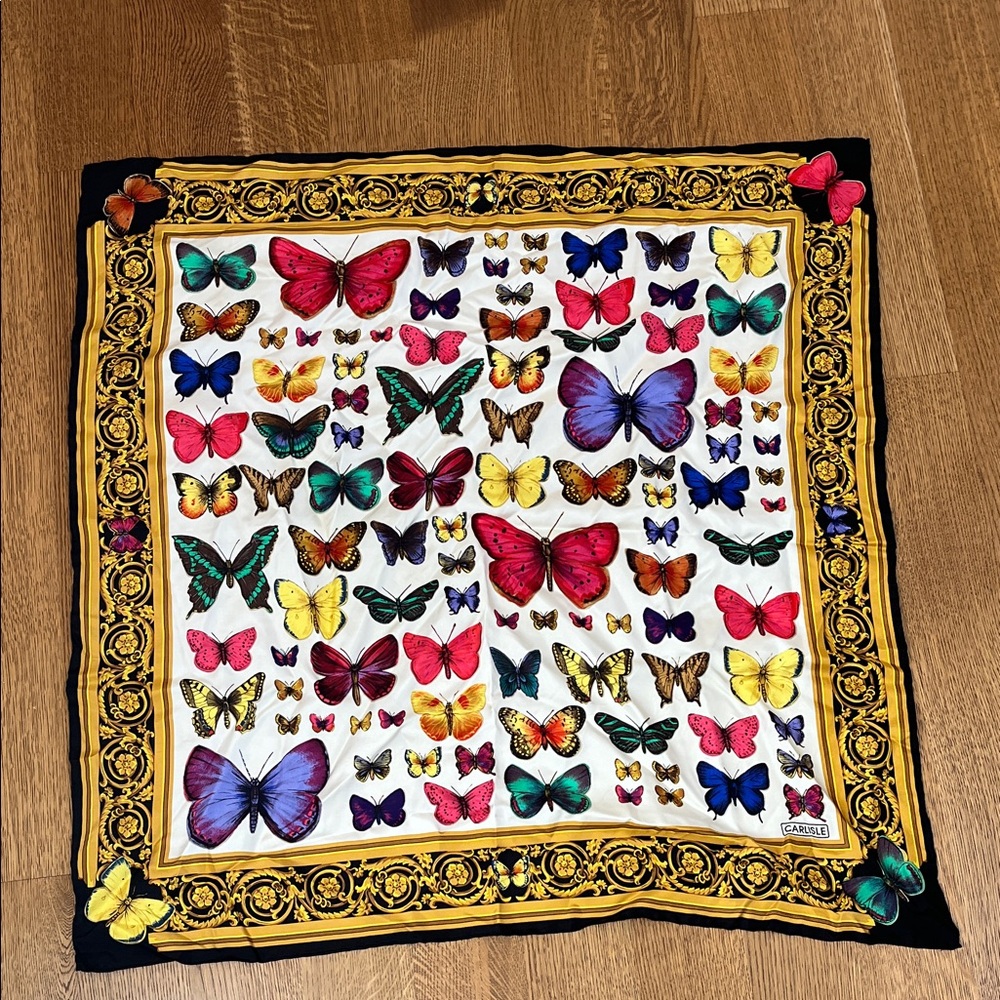 Carlisle Gorgeous Butterfly Silk Scarf - Black & Gold Border, Hand Rolled Edges
